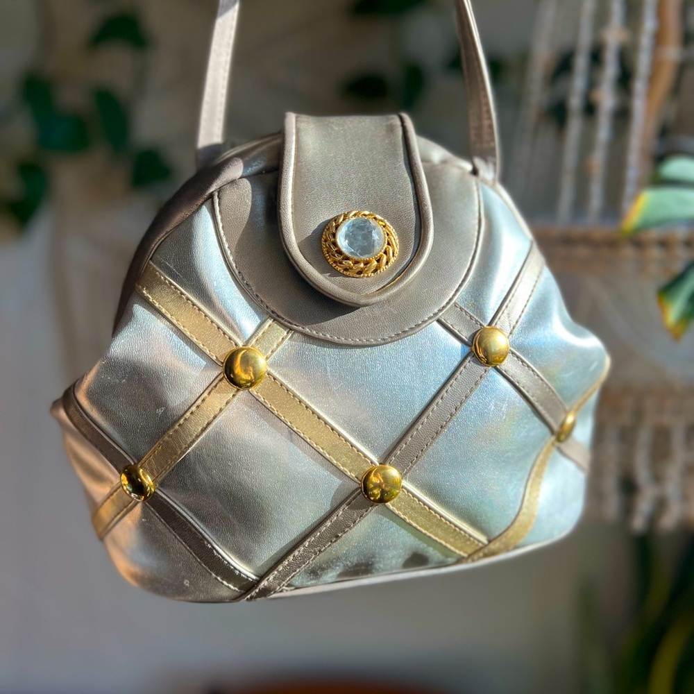 Vintage 80s Metallic Crossbody Bag – Silver & Gold Studded Purse w/ Jewel Flap